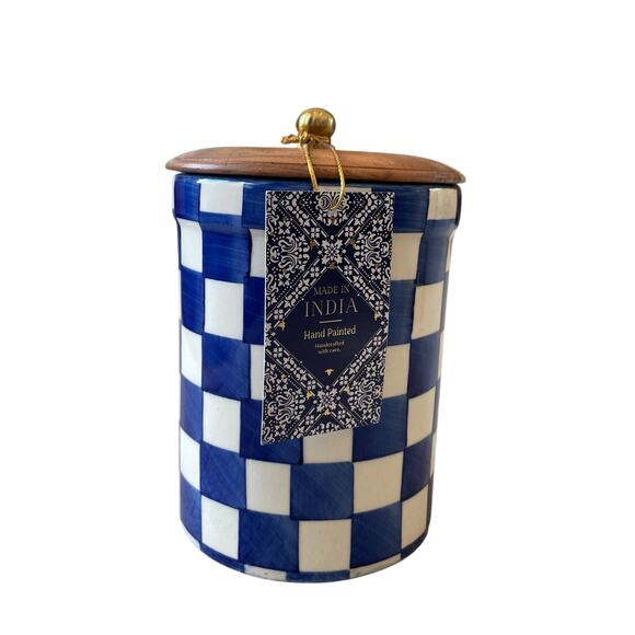 Hand Painted Checkered Ceramic Canister w/ Wood Lid Made in India Blue White NEW - Picture 15 of 16